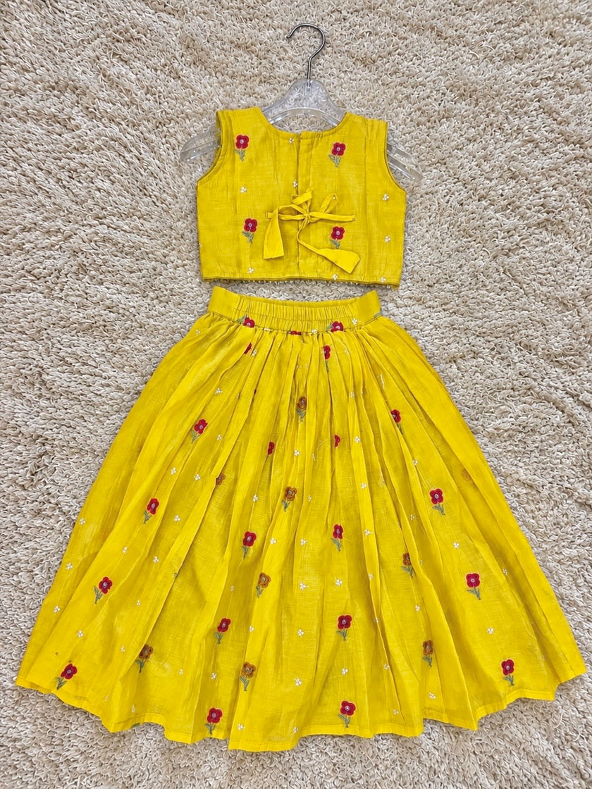 Sunshine Yellow Mul Cotton Embroidered Lehenga