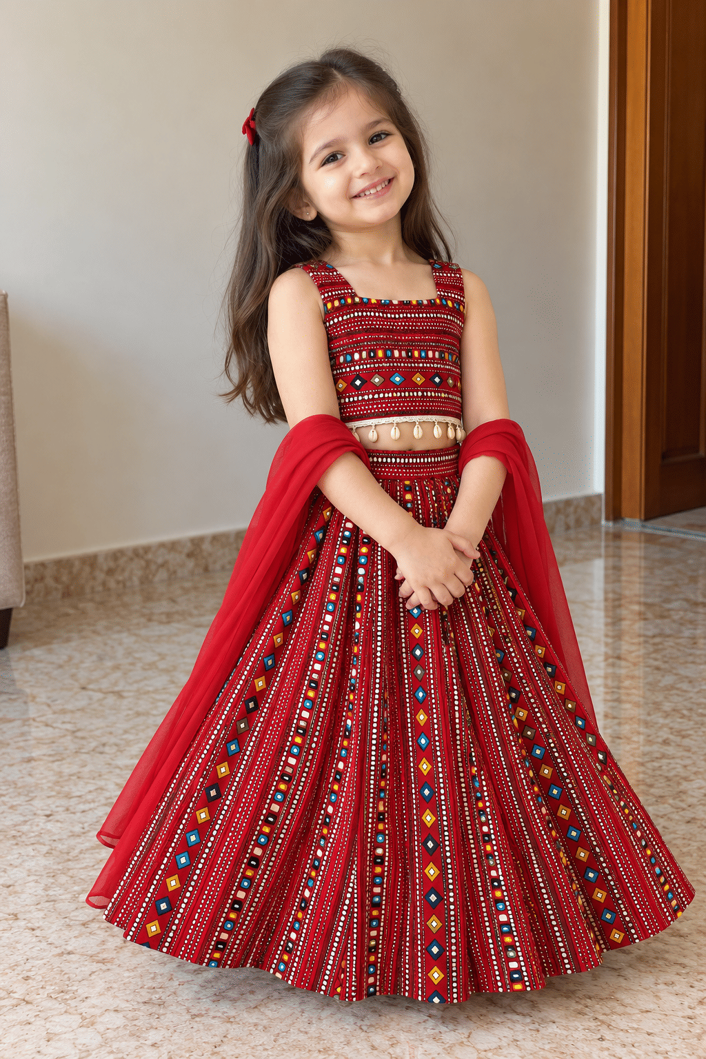 Crimson Geometric Rayon Cotton Lehenga