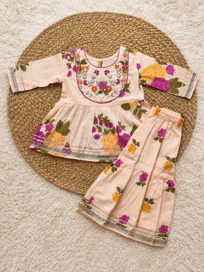Peach Floral Cotton Top & Sharara Set