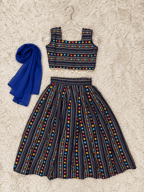 Navy Geometric Rayon Cotton Lehenga