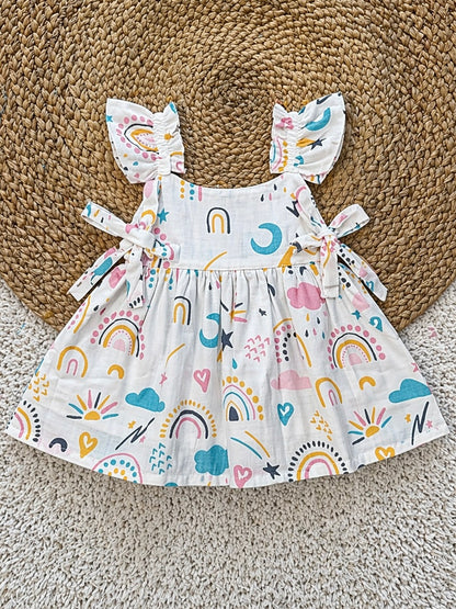Rainbow Print Cotton Tie-Strap Dress