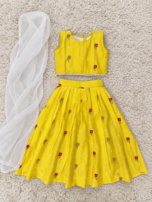 Sunshine Yellow Mul Cotton Embroidered Lehenga