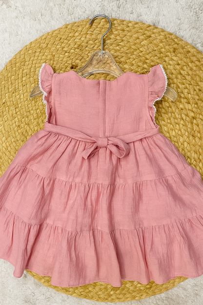 Frilly Cotton Tier Dress with Sequin Patch – Pink & Green