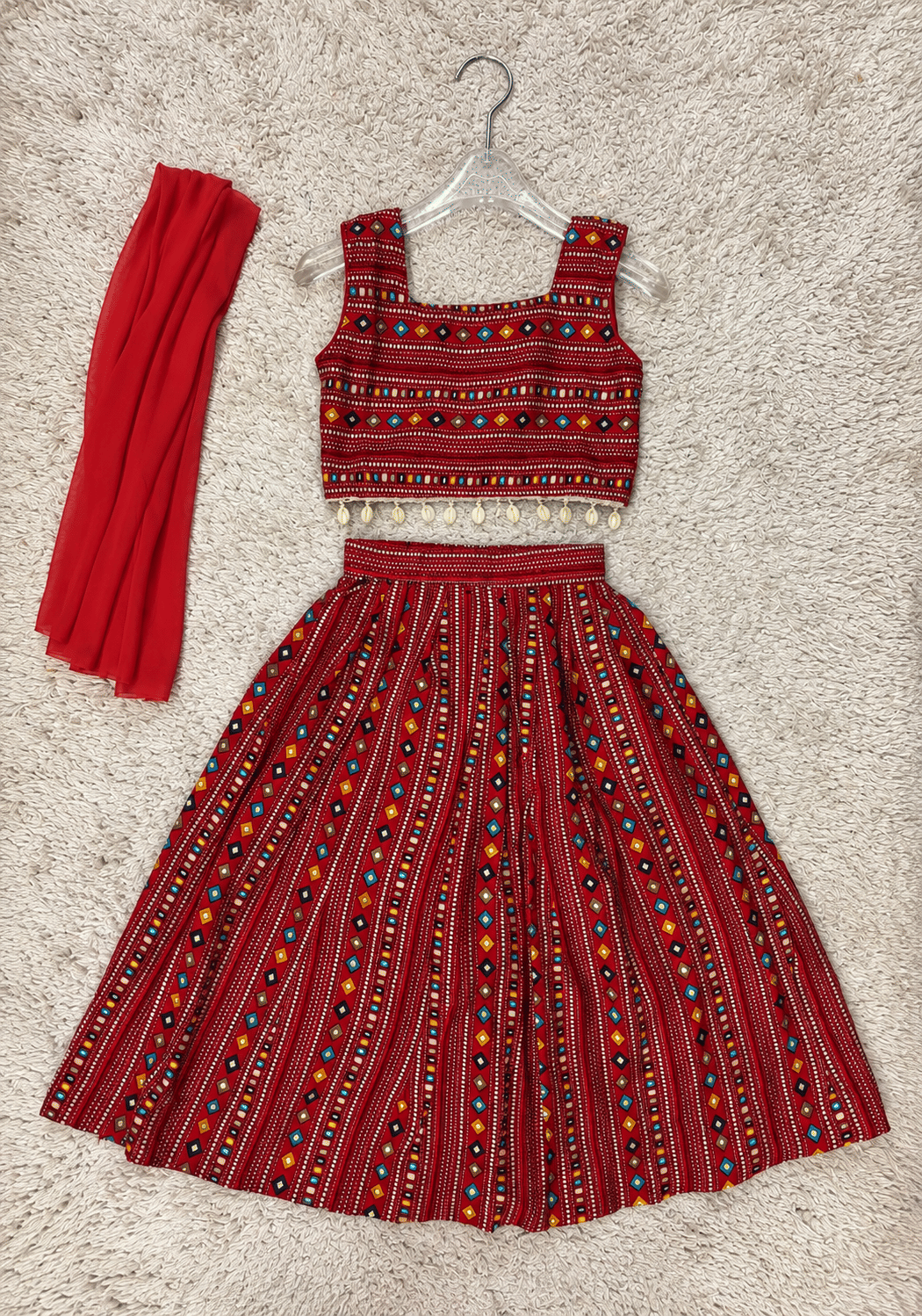 Crimson Geometric Rayon Cotton Lehenga