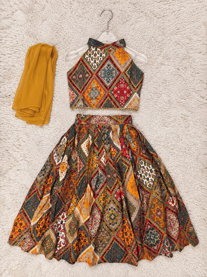 Mustard Mosaic Rayon Cotton Lehenga