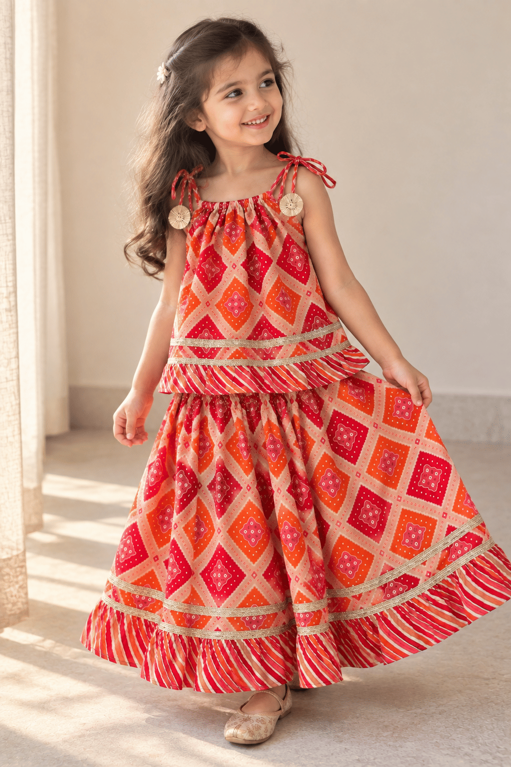 Coral Bandhani Pure Cotton Lehenga