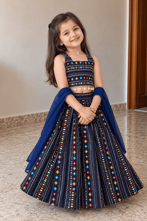 Navy Geometric Rayon Cotton Lehenga