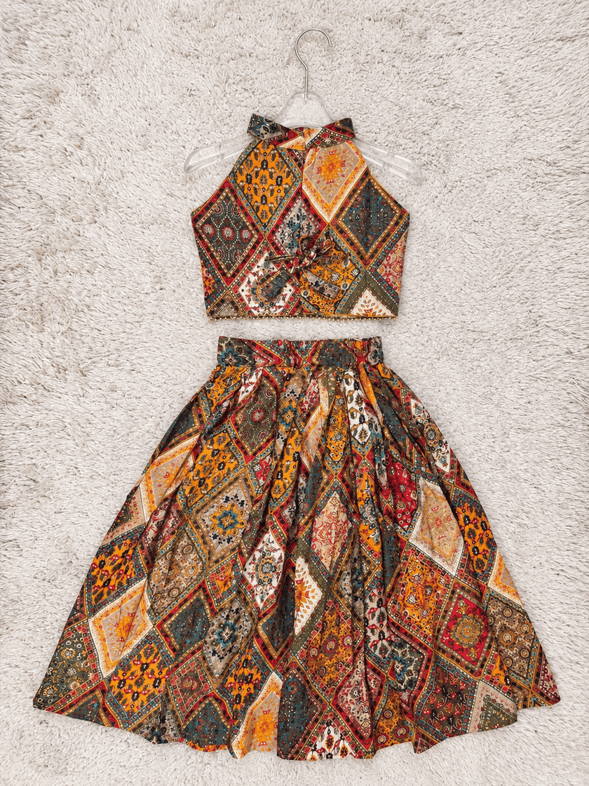 Mustard Mosaic Rayon Cotton Lehenga