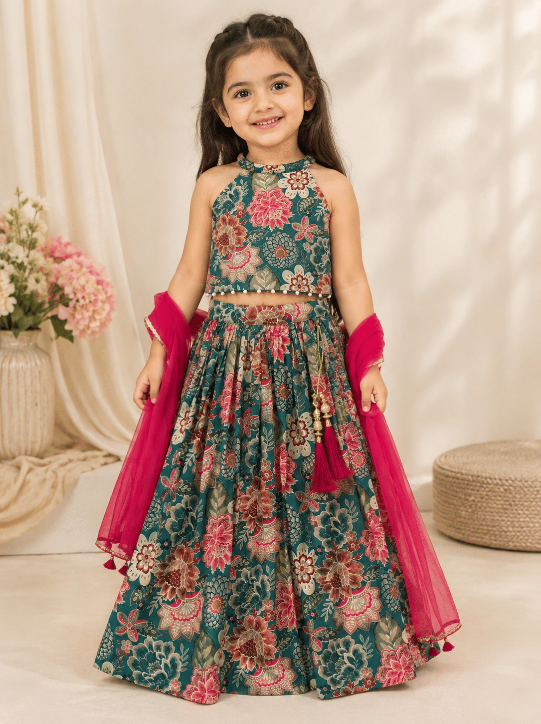 Teal Floral Chanderi Cotton Lehenga