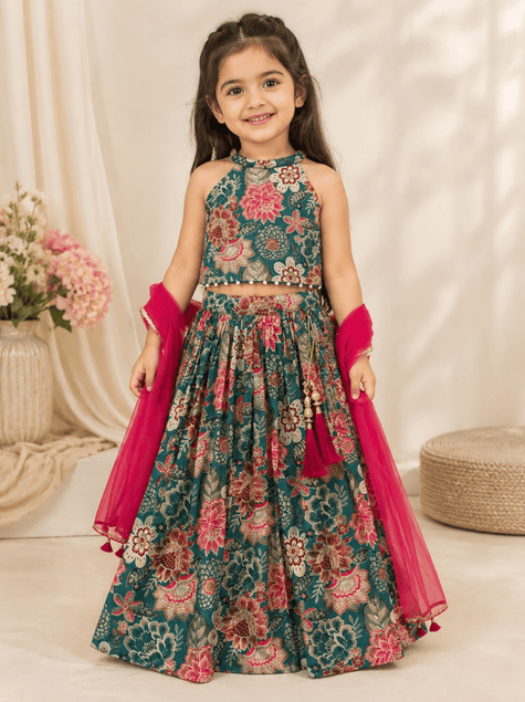 Teal Floral Chanderi Cotton Lehenga