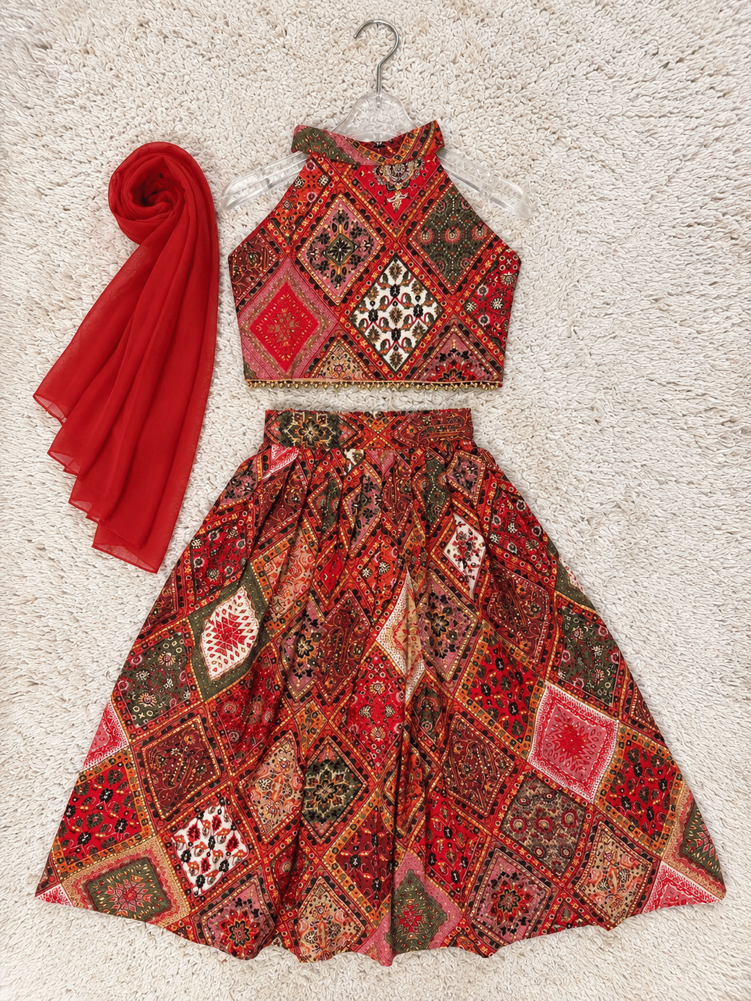 Crimson Patchwork Rayon Cotton Lehenga