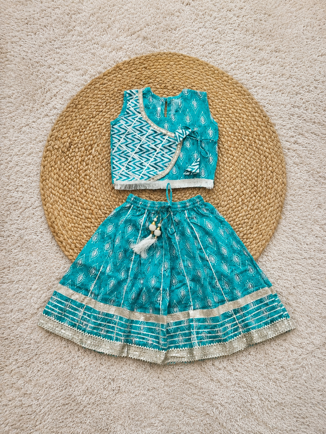 Turquoise Printed Cotton Lehenga Choli Set
