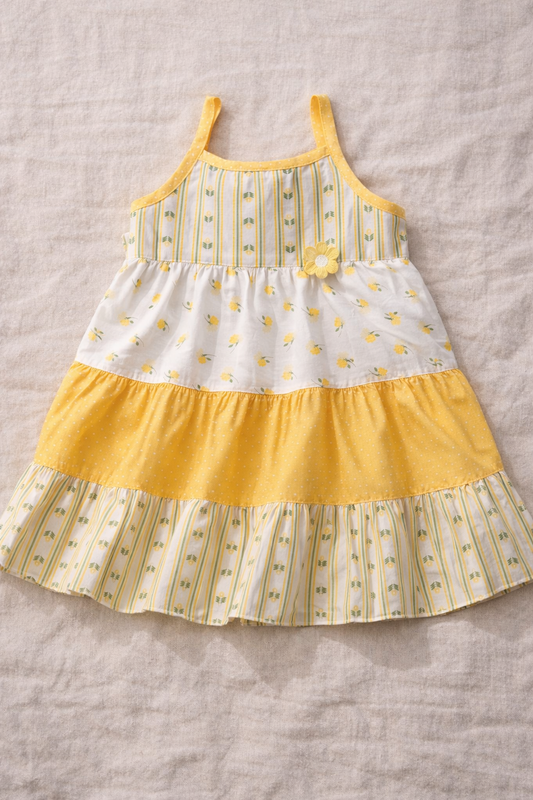 Floral Stripe Tiered Cotton Kids Dress with Shoulder Straps