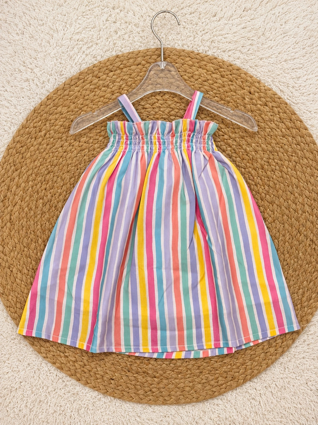 Pastel Rainbow Stripe Smocked Dress