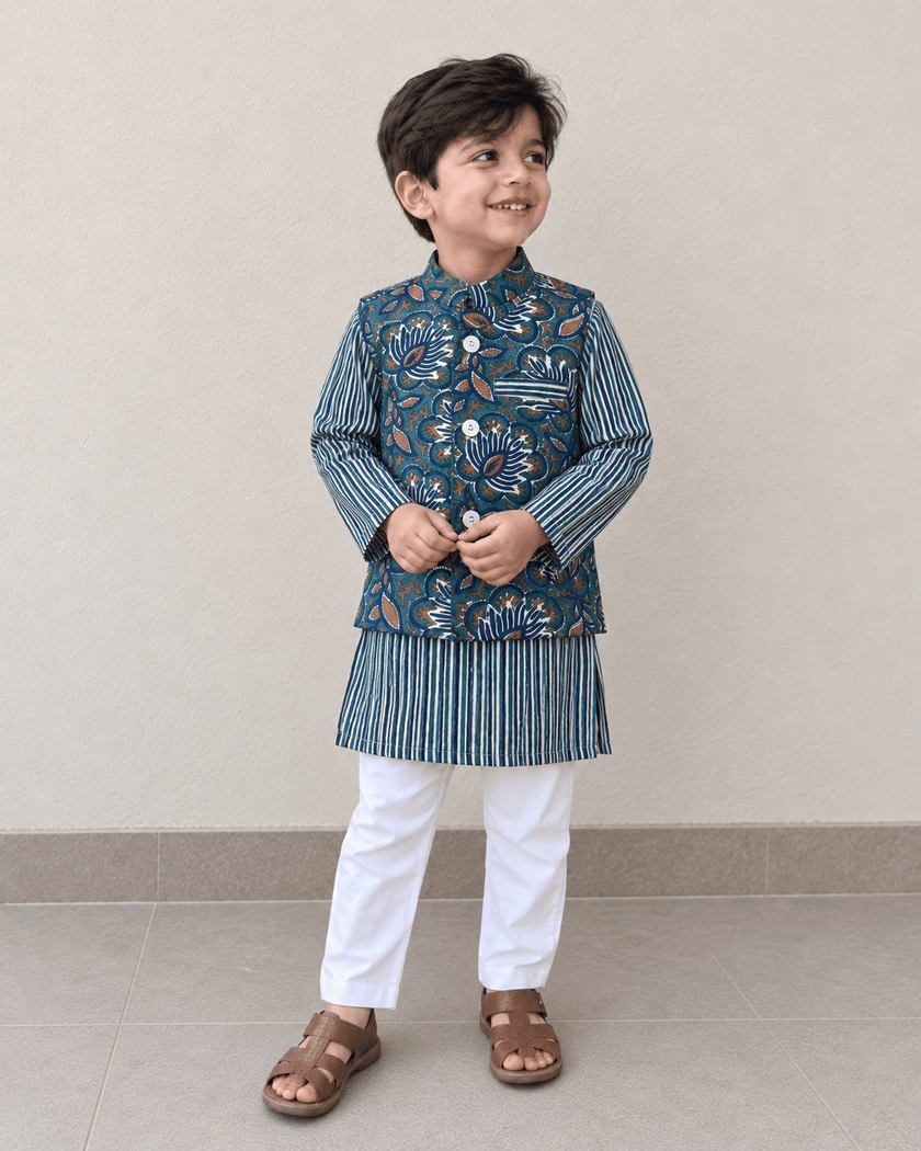 Teal Lotus Cotton Kurta Set