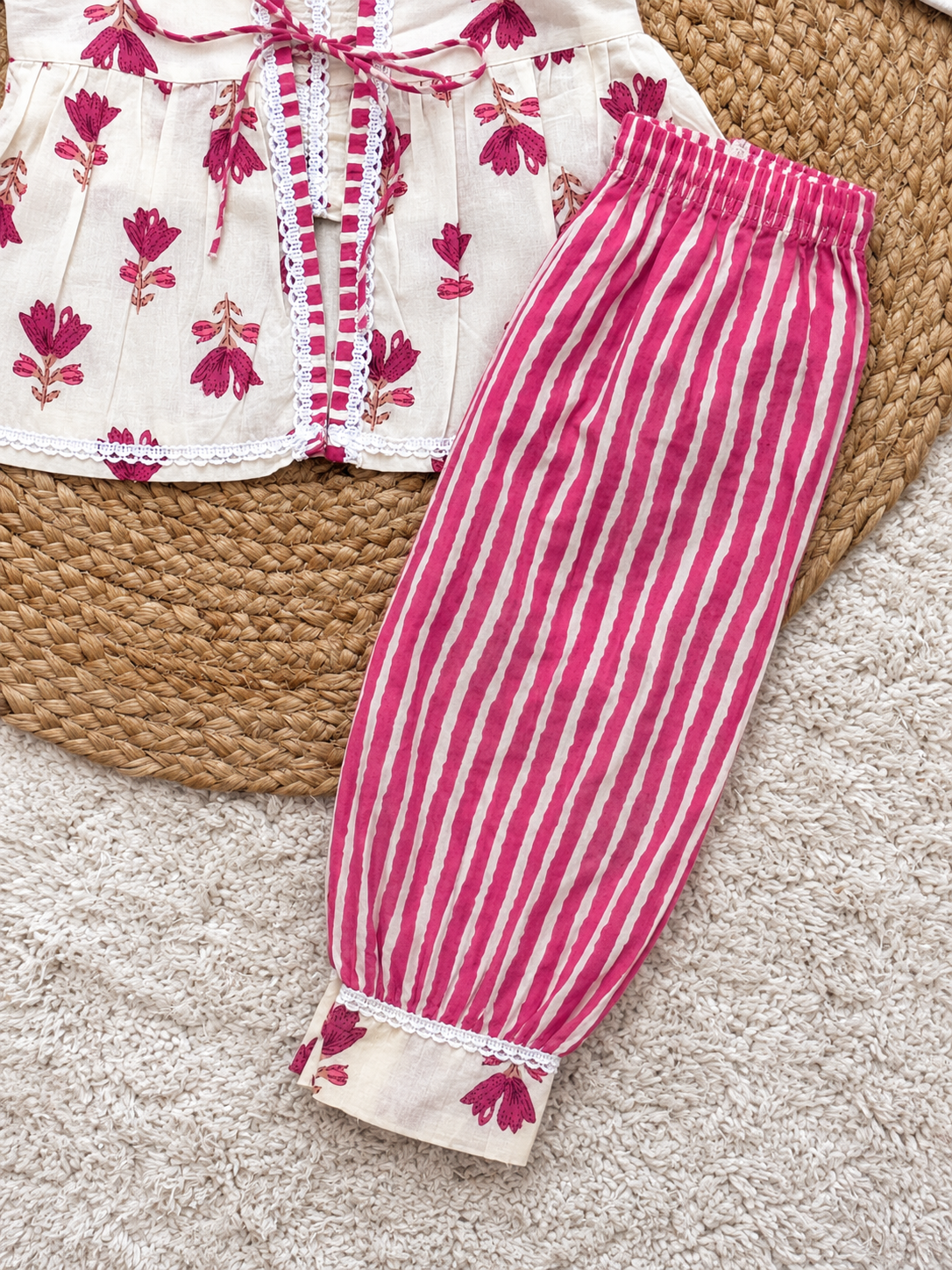 Pink Floral Cotton Jacket & Dhoti Pants Set