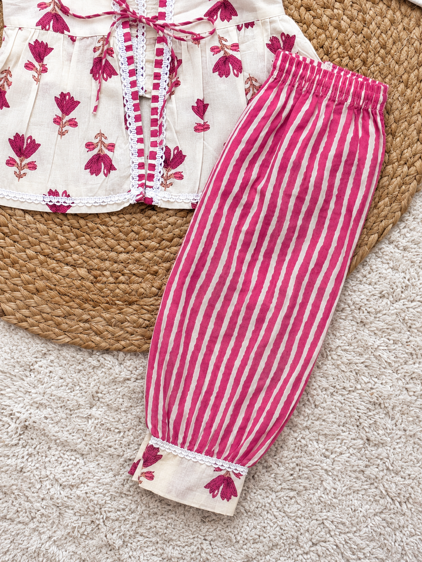 Pink Floral Cotton Jacket & Dhoti Pants Set