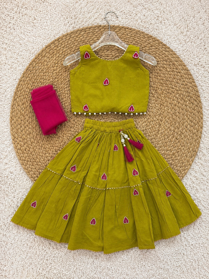 Lime Pink Pure Cotton Lehenga