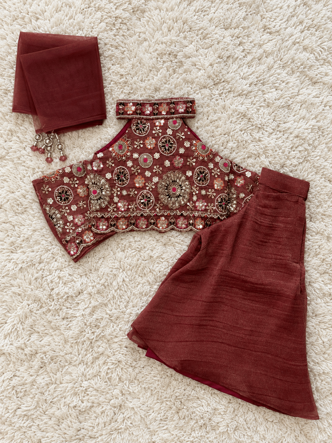 Maroon Floral Embellished Sharara Set
