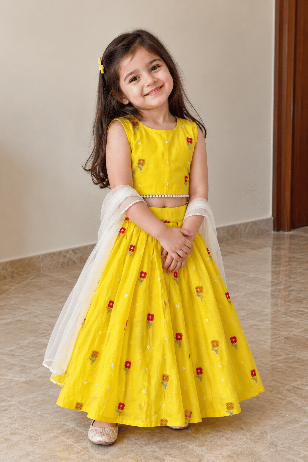 Sunshine Yellow Mul Cotton Embroidered Lehenga
