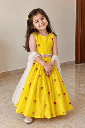 Sunshine Yellow Mul Cotton Embroidered Lehenga