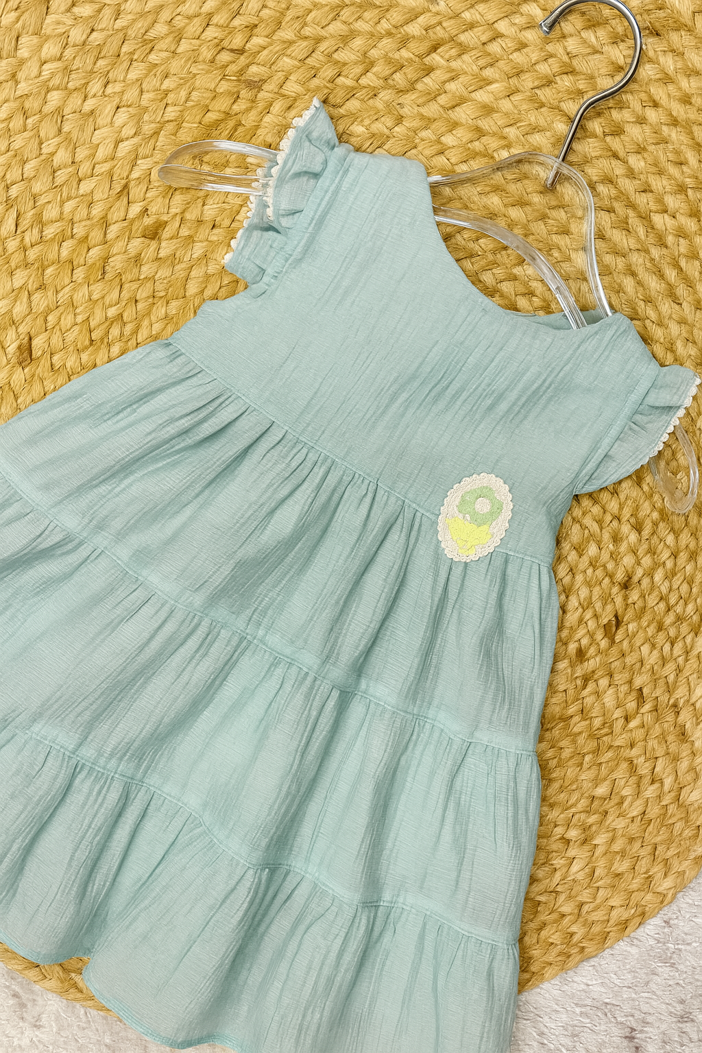 Frilly Cotton Tier Dress with Sequin Patch – Pink & Green