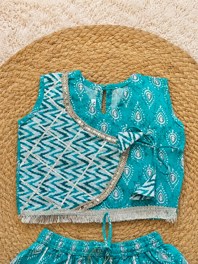 Turquoise Printed Cotton Lehenga Choli Set