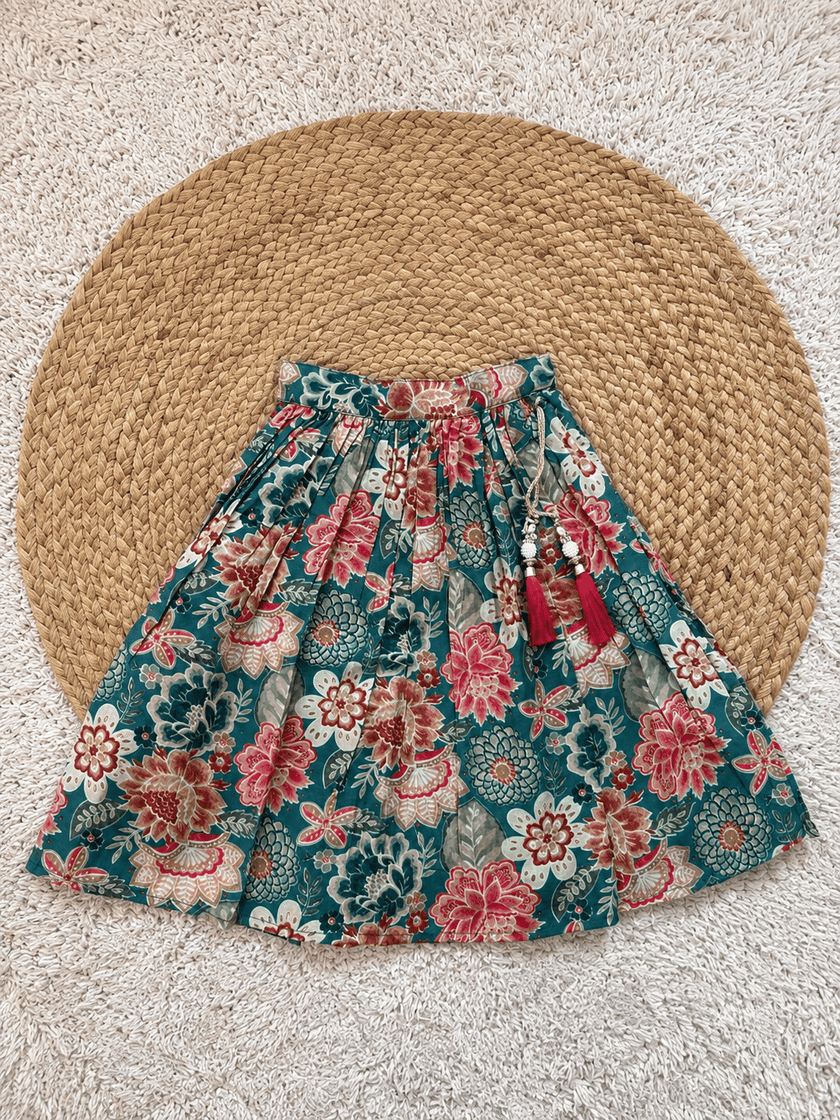 Teal Floral Chanderi Cotton Lehenga