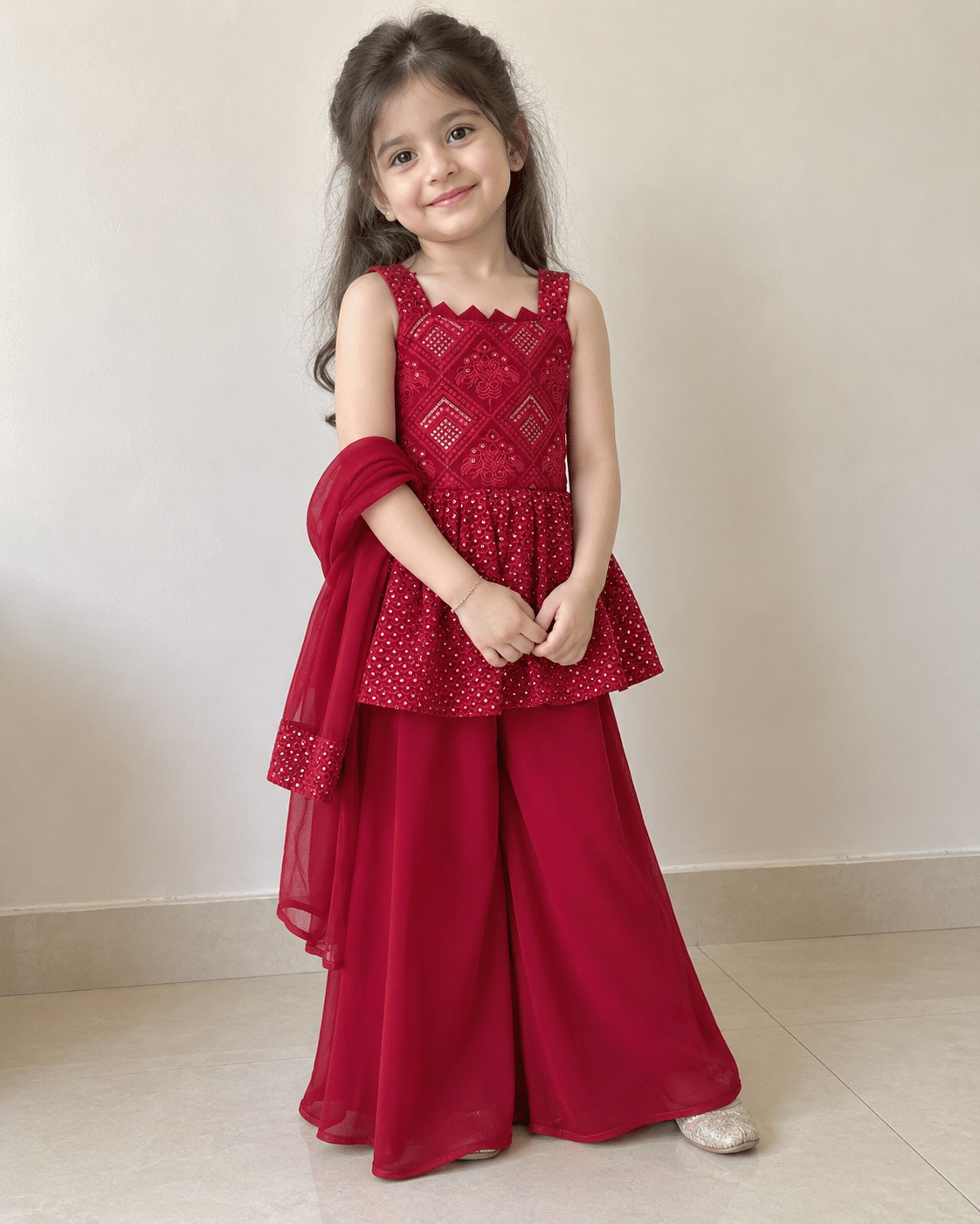 Ruby Red Embroidered Sharara Set