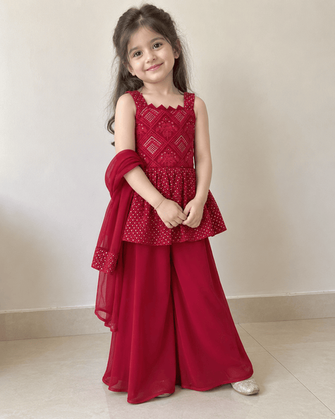 Ruby Red Embroidered Sharara Set
