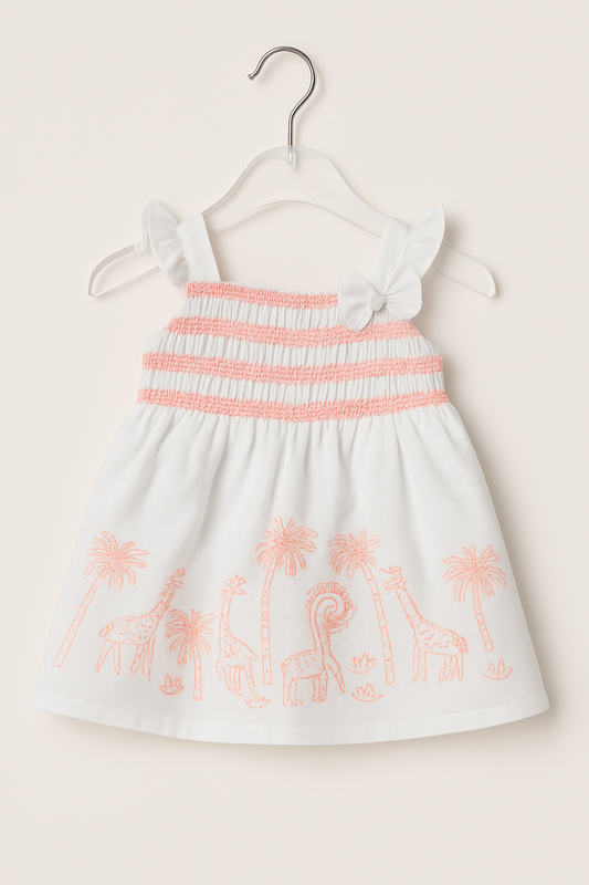 Smocked cotton frock with safari embroidery