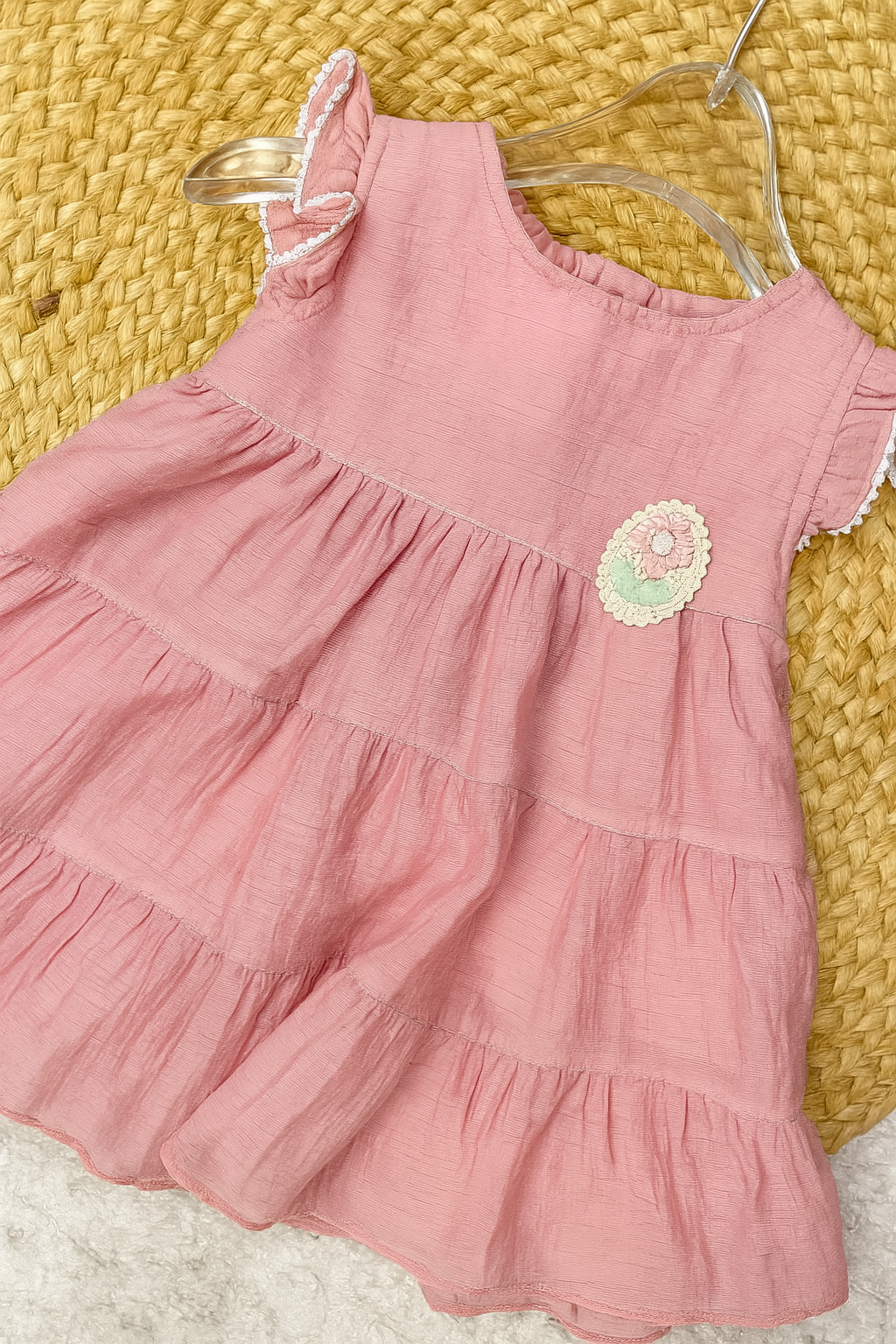 Frilly Cotton Tier Dress with Sequin Patch – Pink & Green