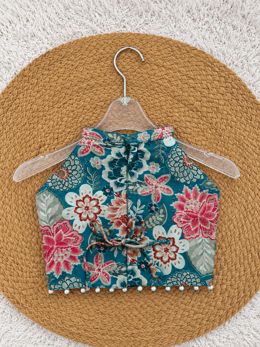Teal Floral Chanderi Cotton Lehenga
