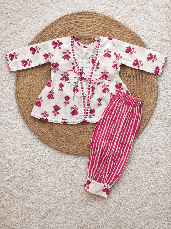 Pink Floral Cotton Jacket & Dhoti Pants Set