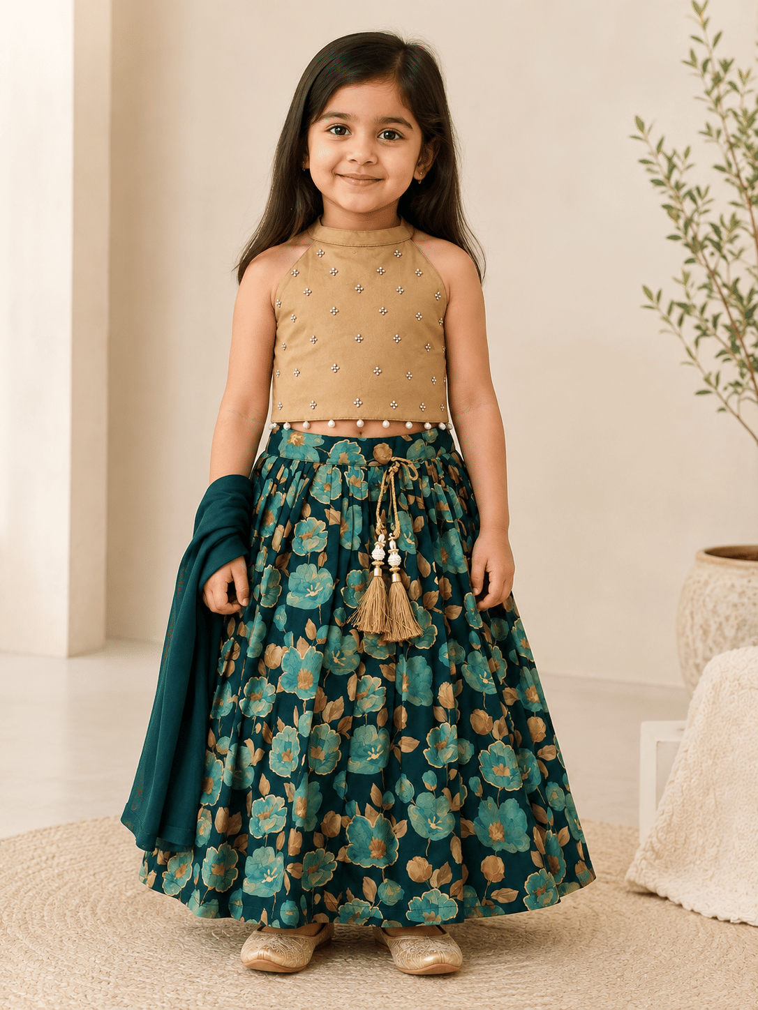Teal Chanderi Pure Cotton Lehenga