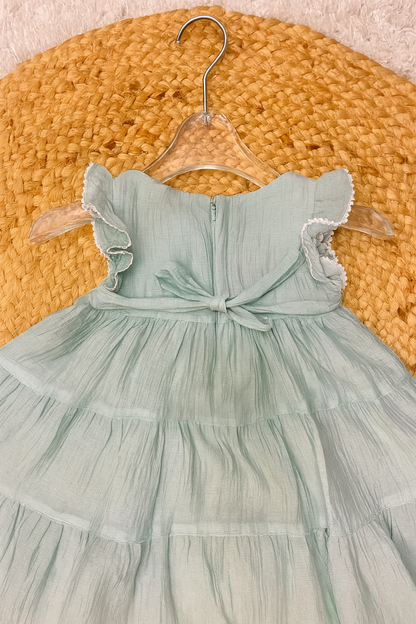 Frilly Cotton Tier Dress with Sequin Patch – Pink & Green
