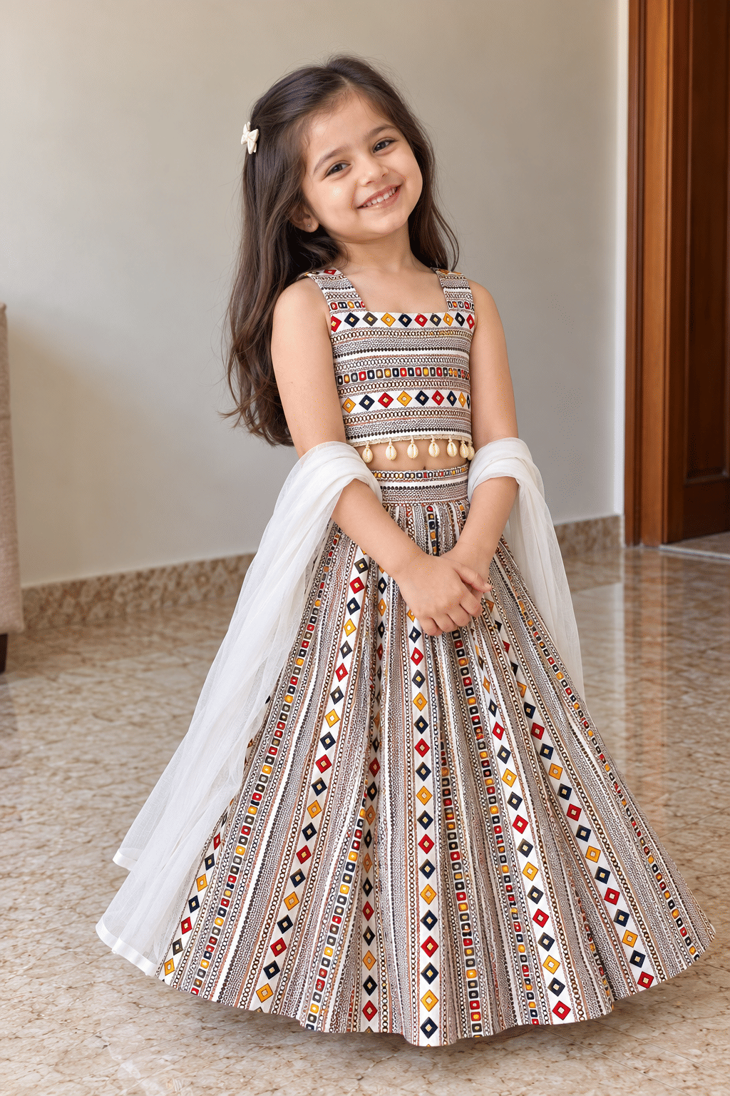 Ivory Geometric Rayon Cotton Lehenga