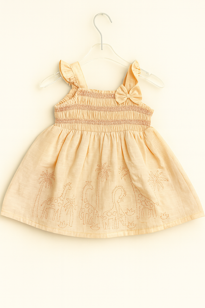 Smocked cotton frock with safari embroidery