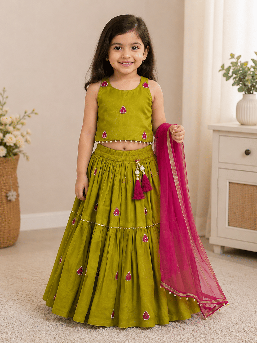 Lime Pink Pure Cotton Lehenga