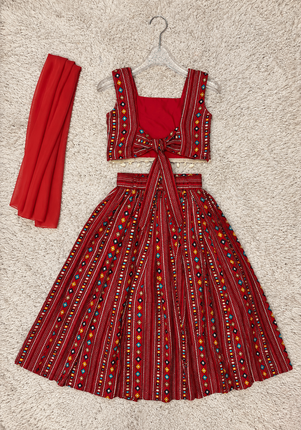Crimson Geometric Rayon Cotton Lehenga