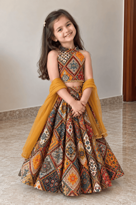 Mustard Mosaic Rayon Cotton Lehenga