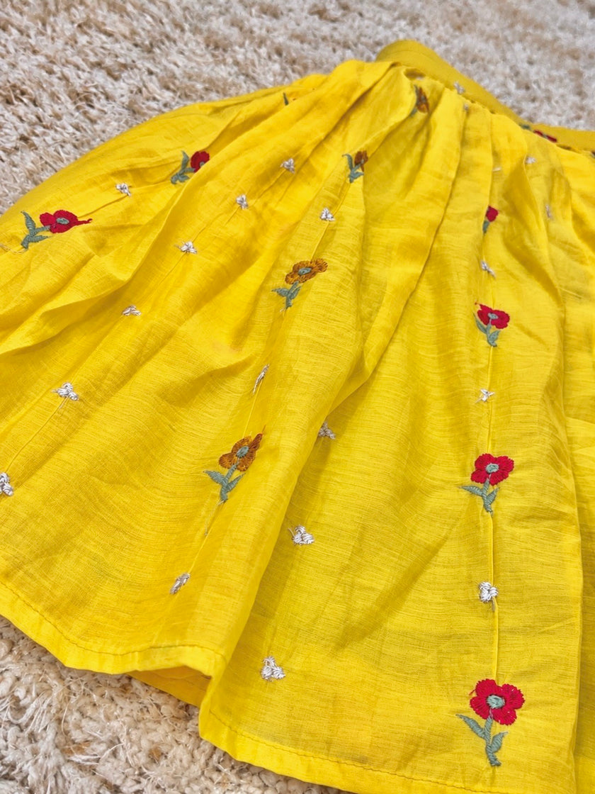 Sunshine Yellow Mul Cotton Embroidered Lehenga
