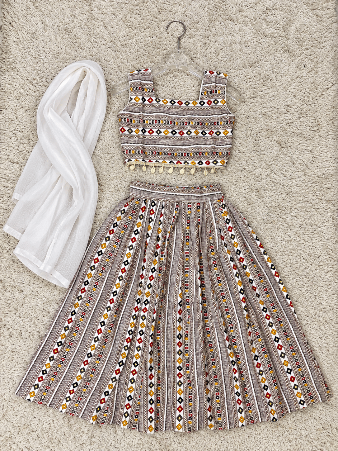 Ivory Geometric Rayon Cotton Lehenga
