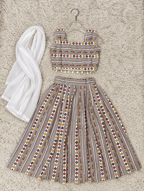 Ivory Geometric Rayon Cotton Lehenga