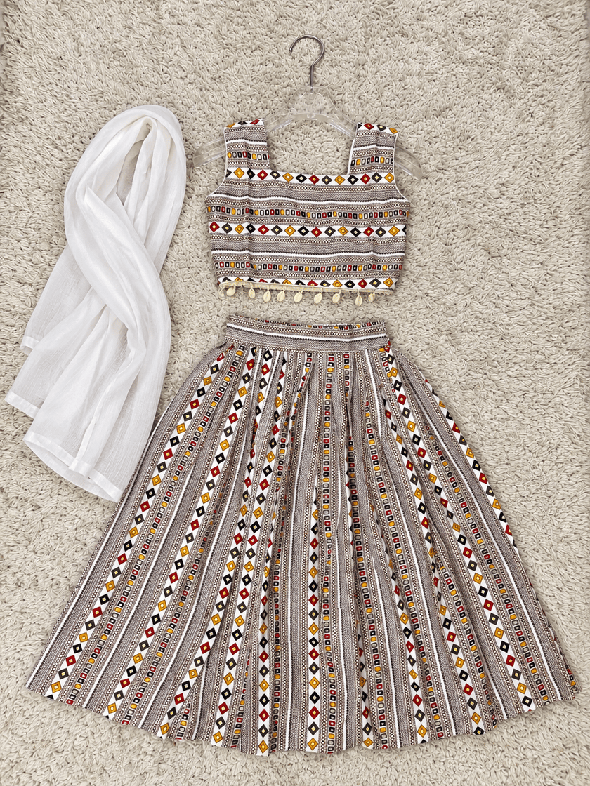 Ivory Geometric Rayon Cotton Lehenga