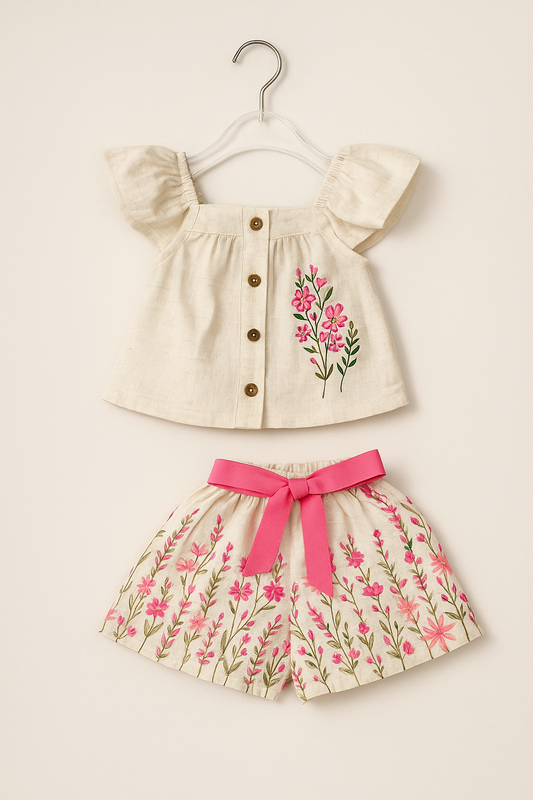 Twetoons Floral Embroidered Top with Matching Bow Shorts