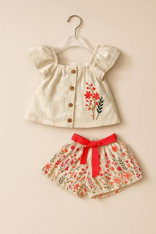 Twetoons Floral Embroidered Top with Matching Bow Shorts