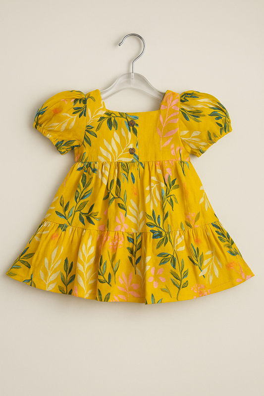 Tiered Yellow Frock with Leafy Print