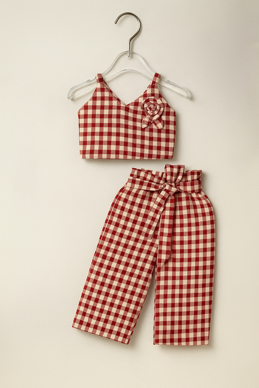 Chic Red Checkered Co-ord Set with Floral Detail