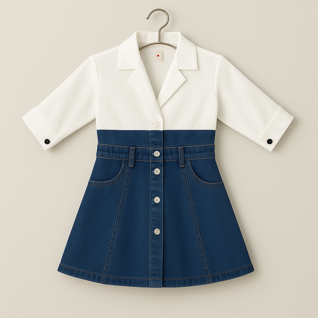 Chic Denim Frock with Shirt-style Top